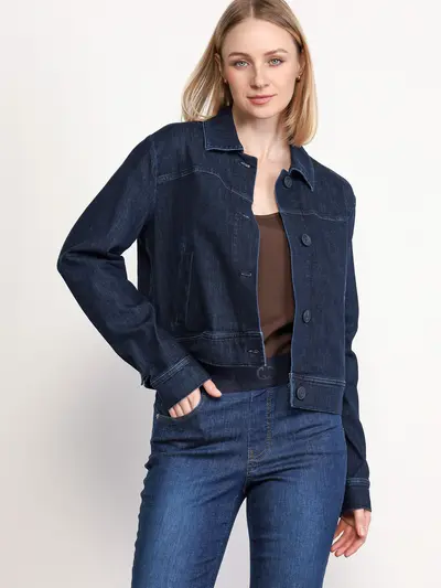 Жакет джинсовый укороченный на пуговицах темно-синего цвета